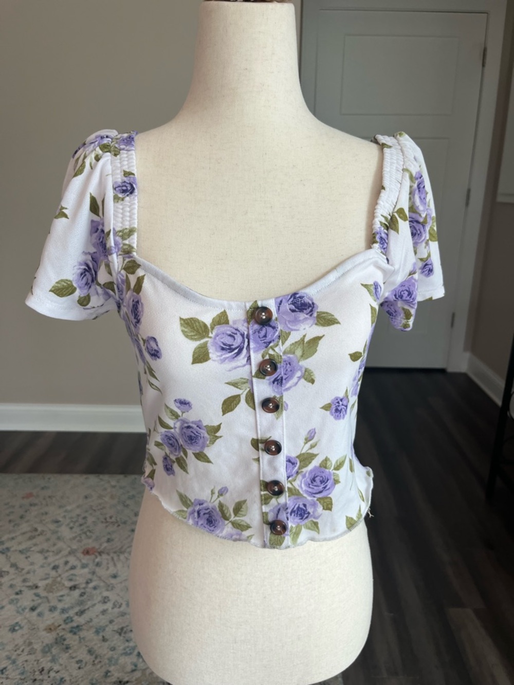 Cottagecore Dainty Feminine Floral Button-Front Crop Top